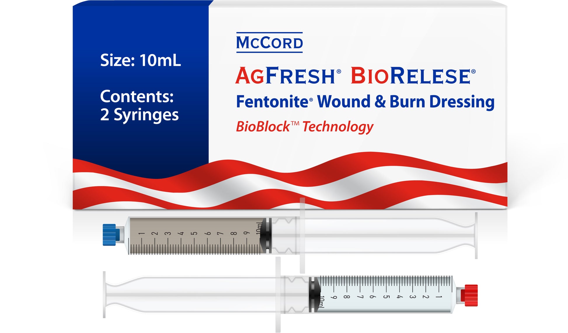 McCord AGFRESH BIORELEASE wound and burn dressing packaging with syringes on a white background