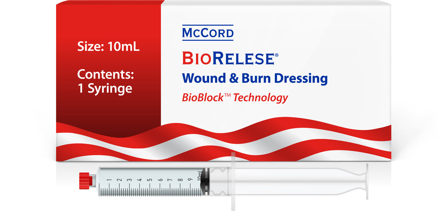 Packaging for BioRelese Wound & Burn Dressing Syringe, indicating the product size of 10mL and contents, with red and white color scheme and American flag stripes.